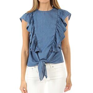 NWT FRAME DENIM KNOT SHORT SLEEVE TOP, Blue, Size XS